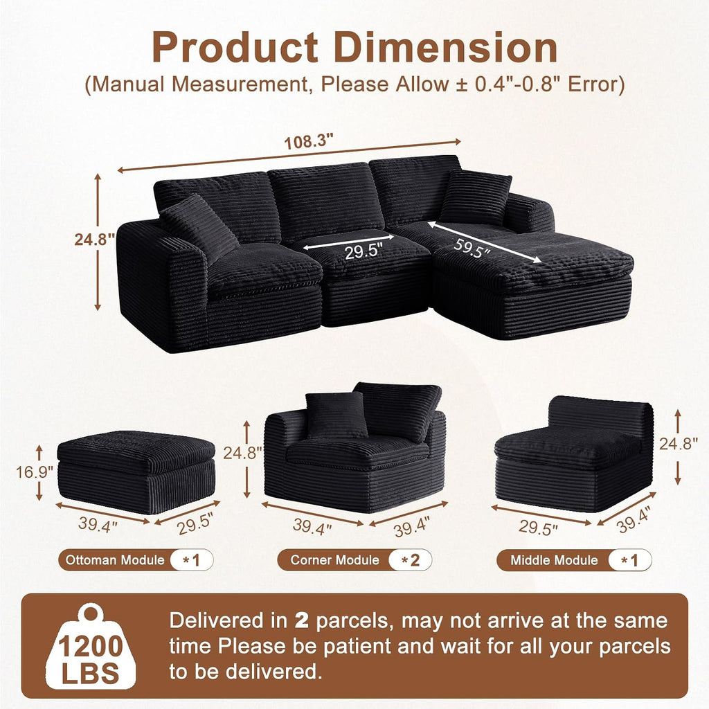 108' Modular Sectional Sofa Couches L Shaped Couch 3 Seater Cloud Sofa Memory Foam Sectional Couches for Living Room, Boneless Couch with Ottoman, Corduroy, Black