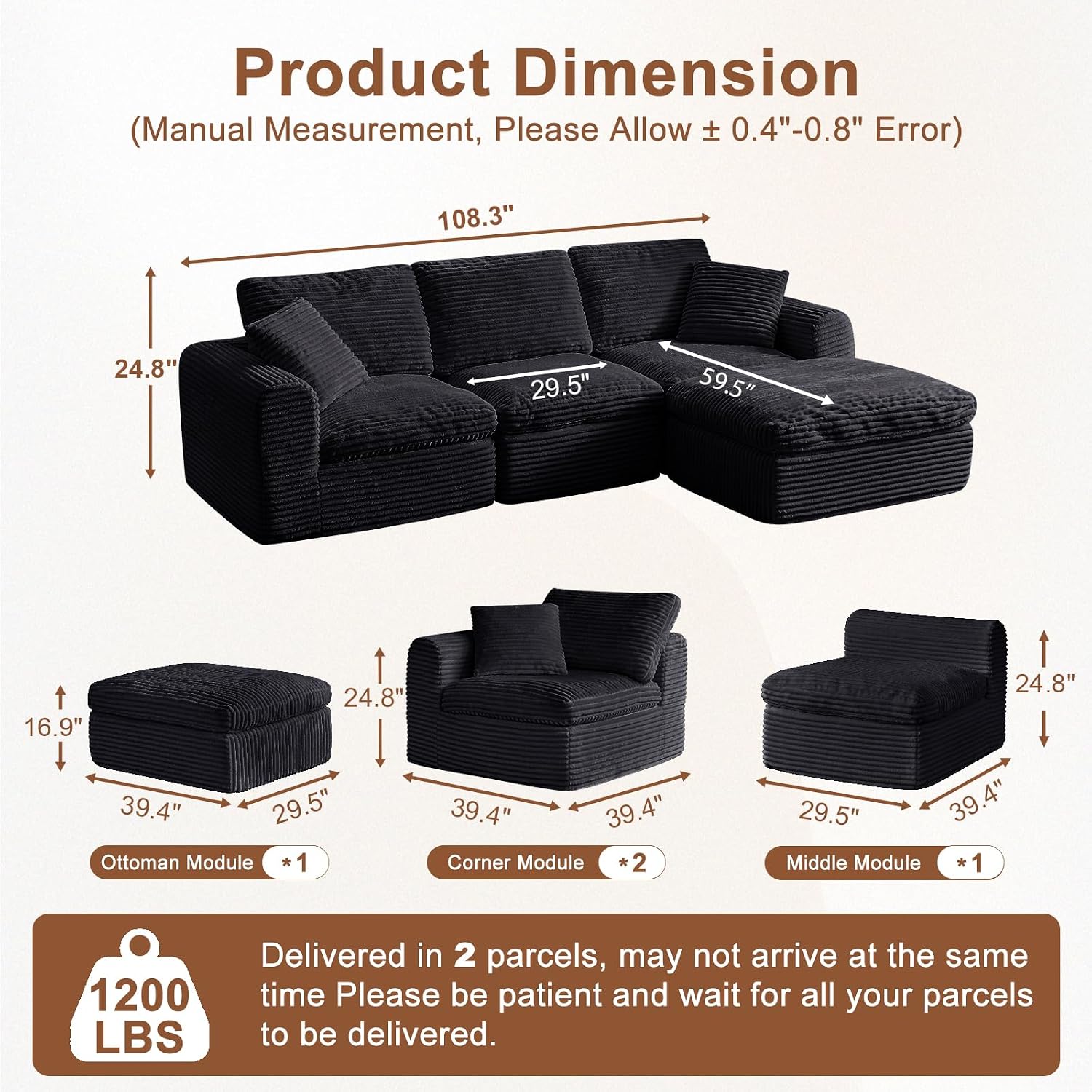 108' Modular Sectional Sofa Couches L Shaped Couch 3 Seater Cloud Sofa Memory Foam Sectional Couches for Living Room, Boneless Couch with Ottoman, Corduroy, Black