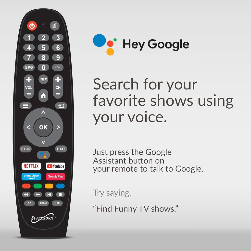 Supersonic Smart SC-4350GTV 43-inch FHD DLED TV with Google Assistant, ATSC/NTSC, HDMI, WiFi, USB Input, 1080p Resolution,16.7M Colors, 60Hz Refresh Rate, Energy-Efficient, Bluetooth, Remote Control