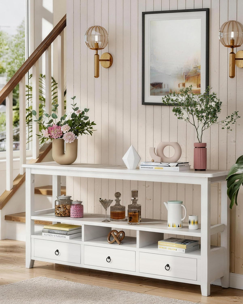Karl home Console Table with 3 Bottom Drawers, 57.9' W Sofa Side Table Entryway Desk with 3 Storage Cubbies 1 Open Shelf, Vintage TV Stand for Hallway Living Room Office, White 29.9' H