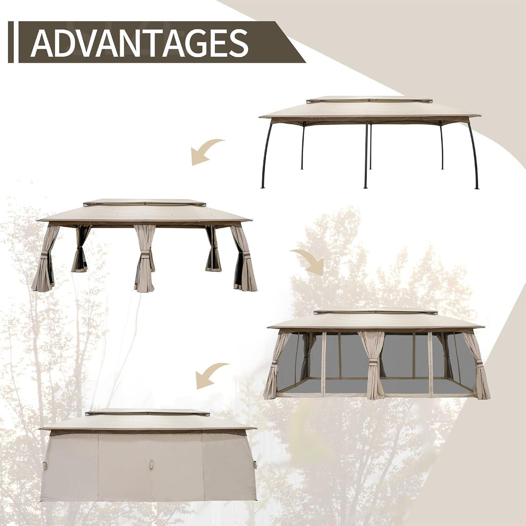 Outdoor Patio Gazebo 10'x20', CPAI-84 Heavy Duty Party Tent & Shelter with Double Roofs, Mosquito Netting and Privacy Curtains for Backyard, Garden, Lawn, Beige