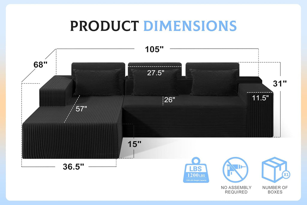 Homguava Modular Sectional Couches for Living Room,105' Cloud Couch with L-Shape Chaise,Comfy Sofa Living Room Sofas with Deep Seat,No Assembly L Couch,Corduroy Fabric(Black,L)