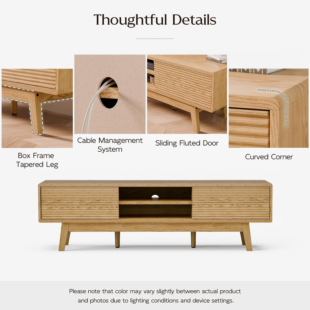 TOLEAD 59' Mid Century Modern TV Stand for TVs up to 65 Inch, Low Profile Entertainment Center with Fluted Sliding Doors & Storage, Wood TV Console Table for Living Room, Oak