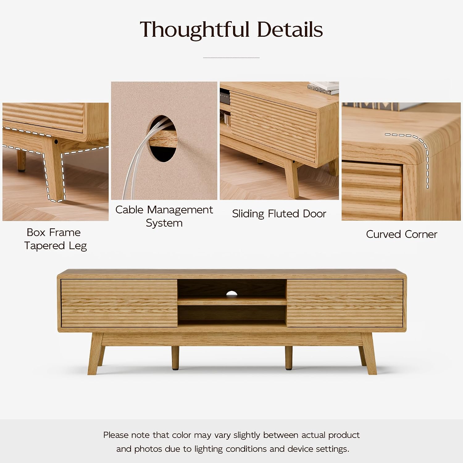 TOLEAD 59' Mid Century Modern TV Stand for TVs up to 65 Inch, Low Profile Entertainment Center with Fluted Sliding Doors & Storage, Wood TV Console Table for Living Room, Oak