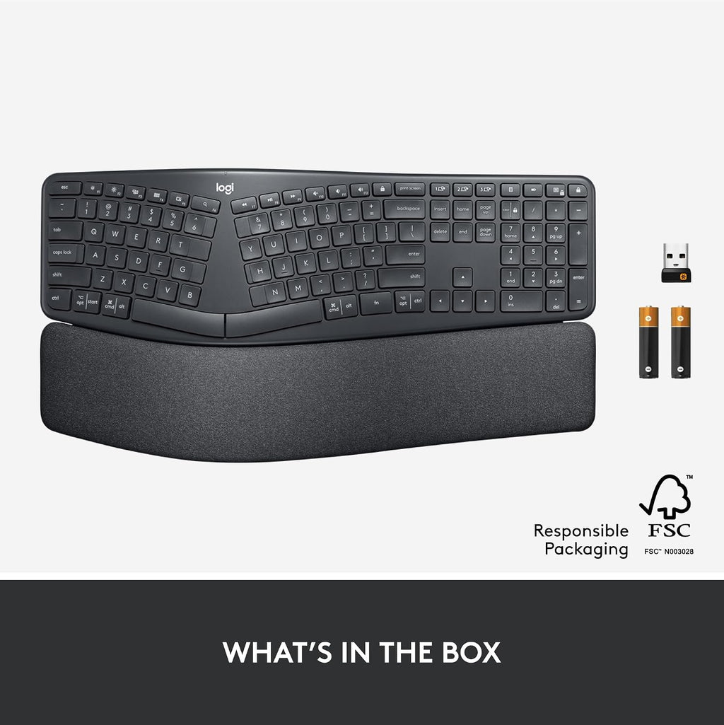 Logitech Ergo K860 Wireless Ergonomic Keyboard - Split Keyboard, Wrist Rest, Natural Typing, Stain-Resistant Fabric, Bluetooth and USB Connectivity, Compatible with Windows/Mac, Black