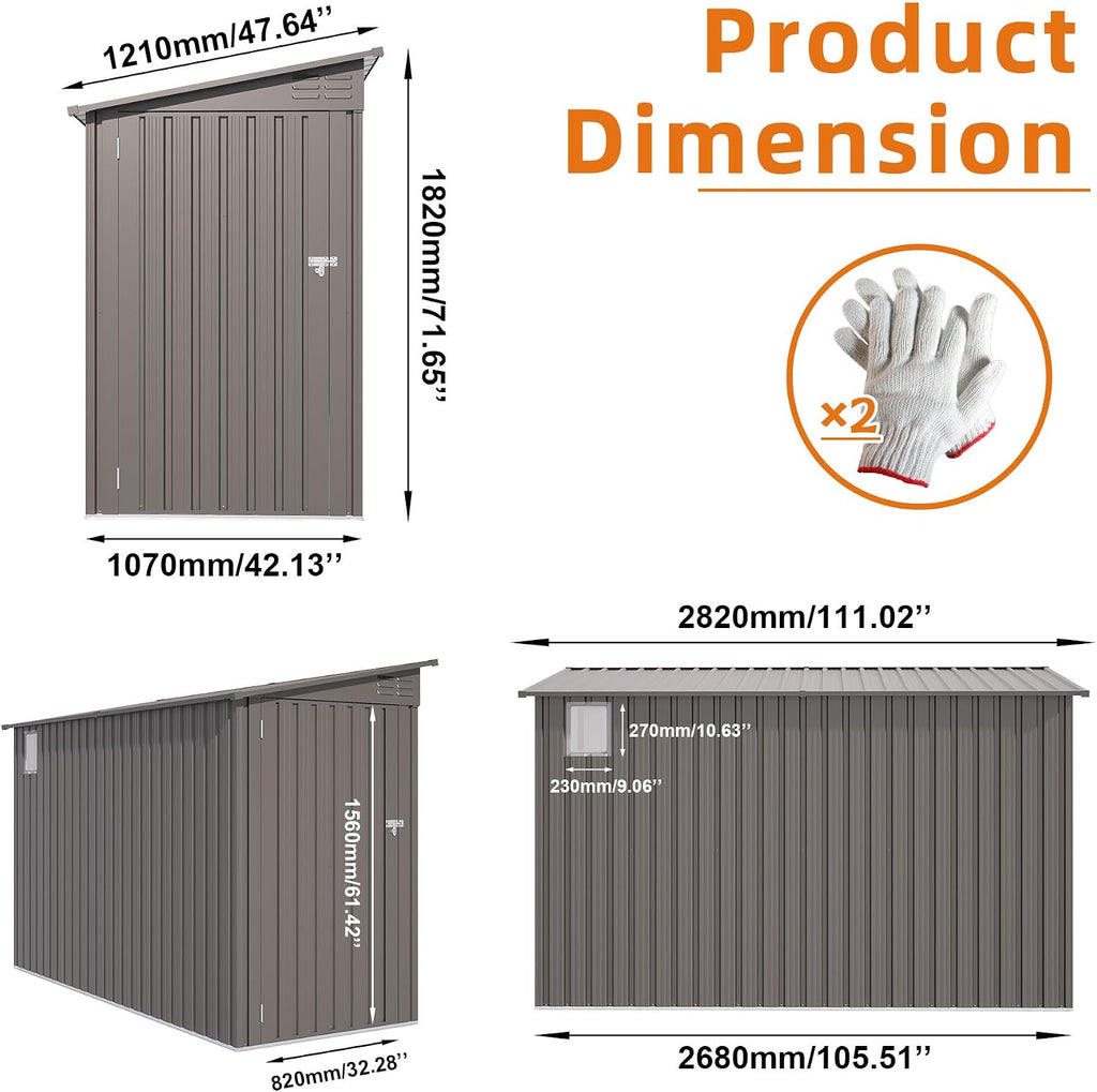 4 x 9 FT Tool Outdoor Storage Shed, Metal Storage Shed for Backyard Patio Garden,Sloped Roof Corner Fit, Side Swing Door, 2 Vents,Waterproof Backyard Garden Storage for Tools, Bikes, Sundries