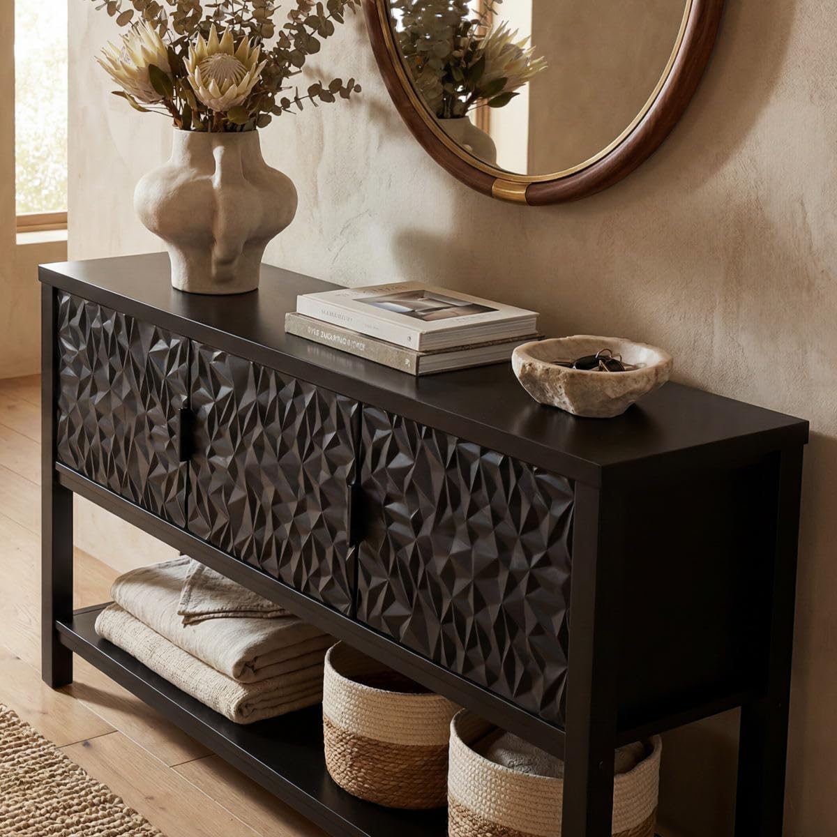 FATORRI Black Console Table with Storage, 47' Modern Farmhouse Entryway Table with 3 Geometric Doors, Sofa Table for Hallway, Living Room, Foyer
