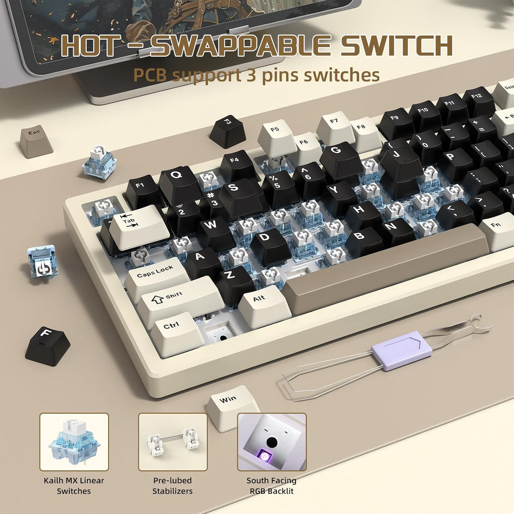 ATTACK SHARK X75-QMK Wireless Mechanical Gaming Keyboard - CNC Aluminum Alloy Shell, Customizable RGB Lighting Gasket Mount, Tri-Mode (2.4G/BT/Wired), VIA Compatible for WIN/MAC/PS4/Xbox- Mlilky White