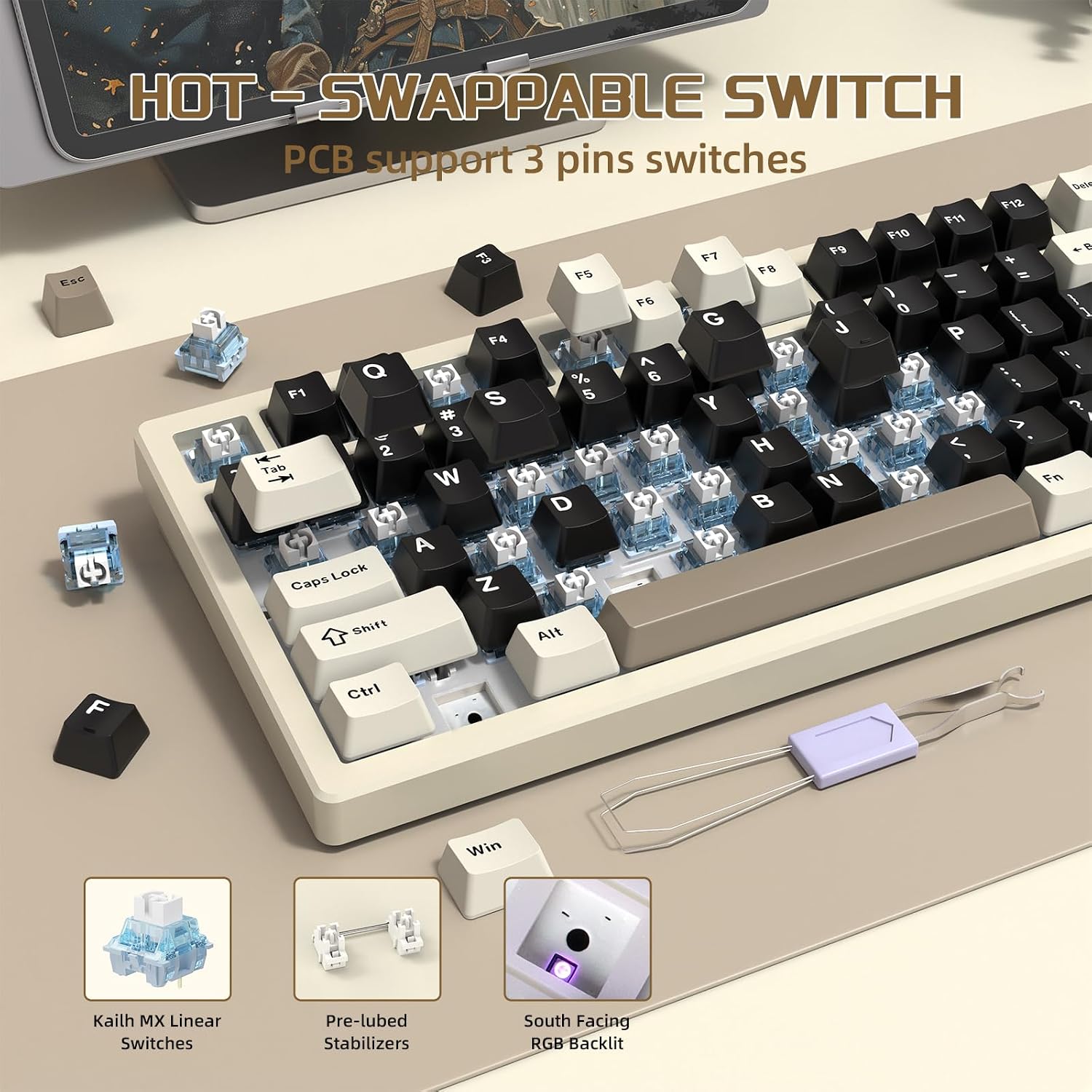 ATTACK SHARK X75-QMK Wireless Mechanical Gaming Keyboard - CNC Aluminum Alloy Shell, Customizable RGB Lighting Gasket Mount, Tri-Mode (2.4G/BT/Wired), VIA Compatible for WIN/MAC/PS4/Xbox- Mlilky White