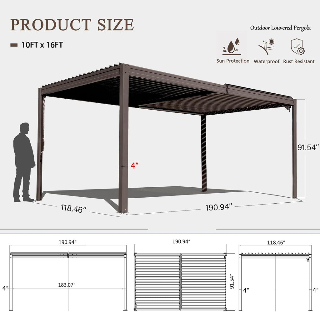 Domi Outdoor Pergola 10x16FT with Adjustable Steel Roof, Louvered Pergola Aluminum Frame for Backyard, Garden and Lawn,Brown