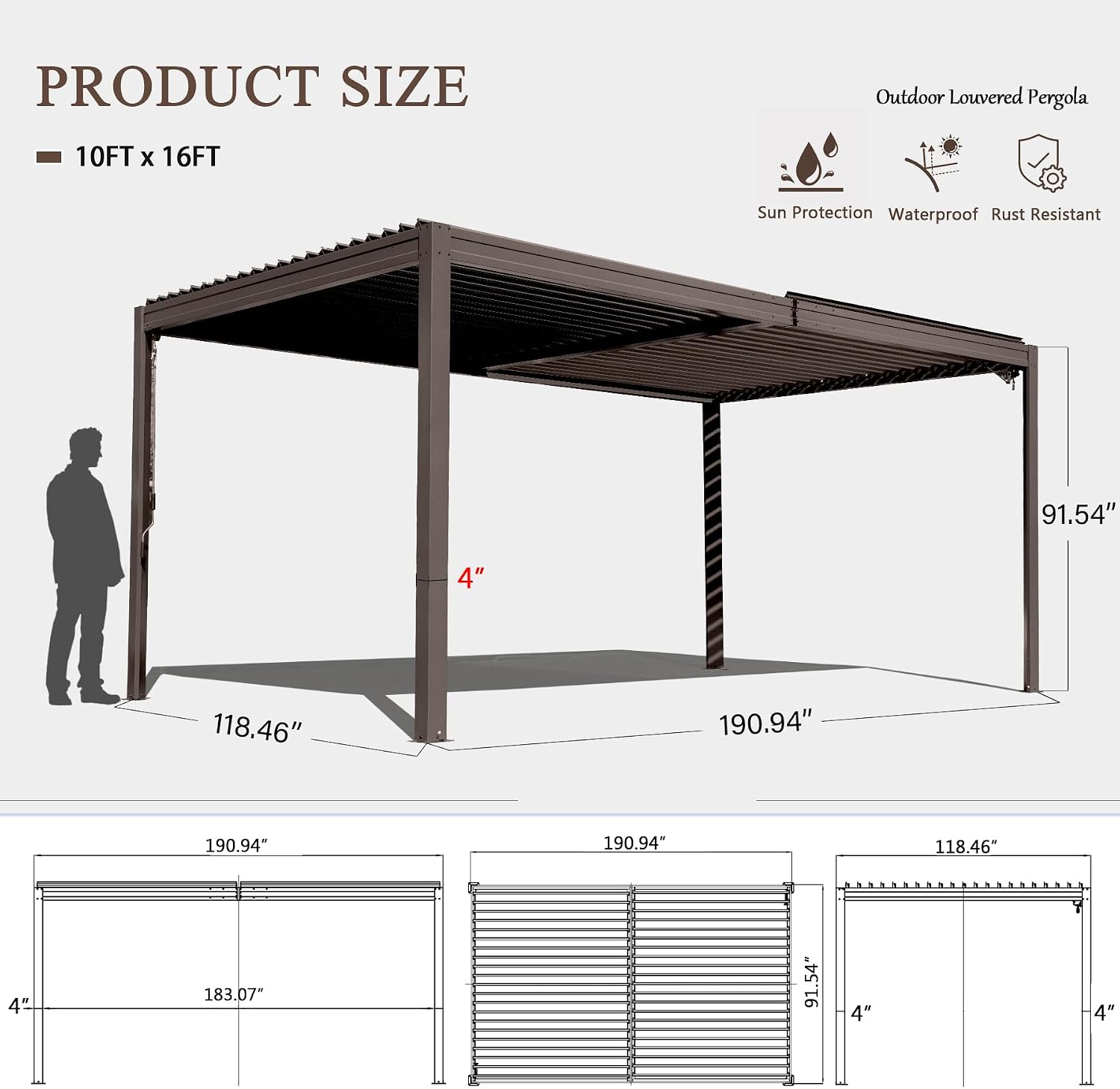 Domi Outdoor Pergola 10x16FT with Adjustable Steel Roof, Louvered Pergola Aluminum Frame for Backyard, Garden and Lawn,Brown