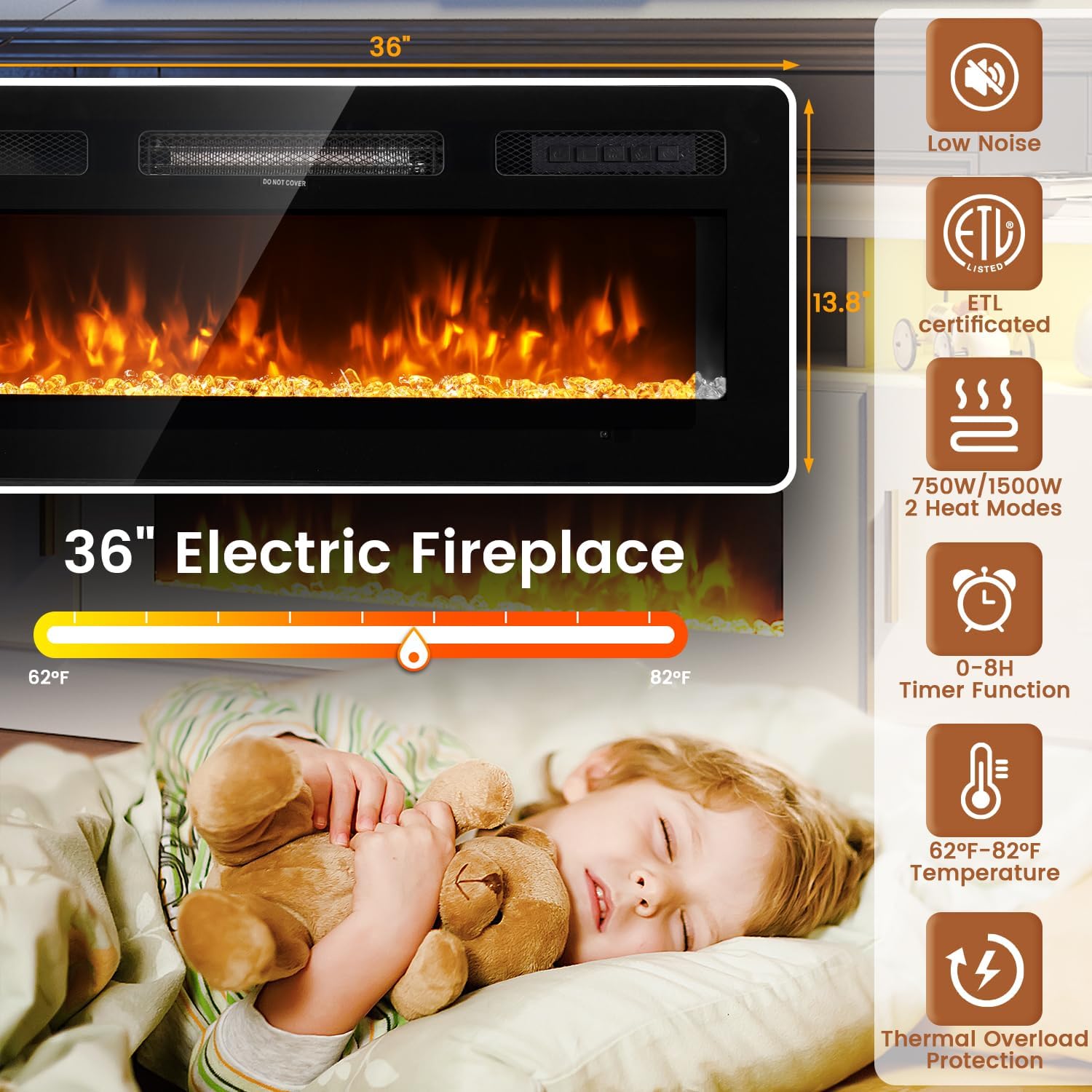 MXV 70' Fireplace TV Stand with Power Outlet for TVs UP to 80', Electric Fireplace Entertainment Center with LED Lights & Storage Cabinets, TV Console for Living Room, Office, Black-Black