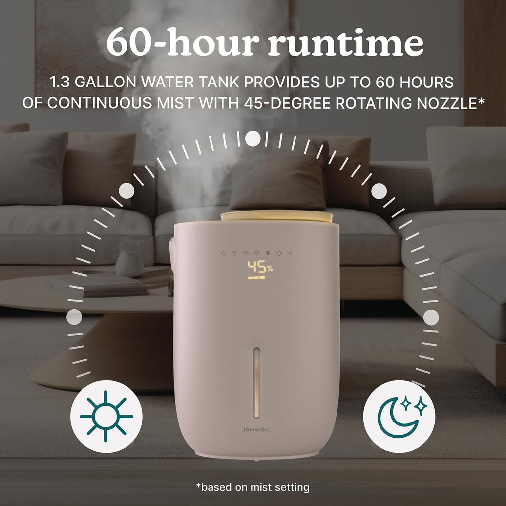 Homedics Natura Ultrasonic Warm & Cool Mist Humidifier, 1.3-Gal for Large Rooms, 60-Hr Runtime, Plant Holder, Programmable Humidity, Auto Shutoff, Nightlight Small Pot Compatible(Plant Not Included)