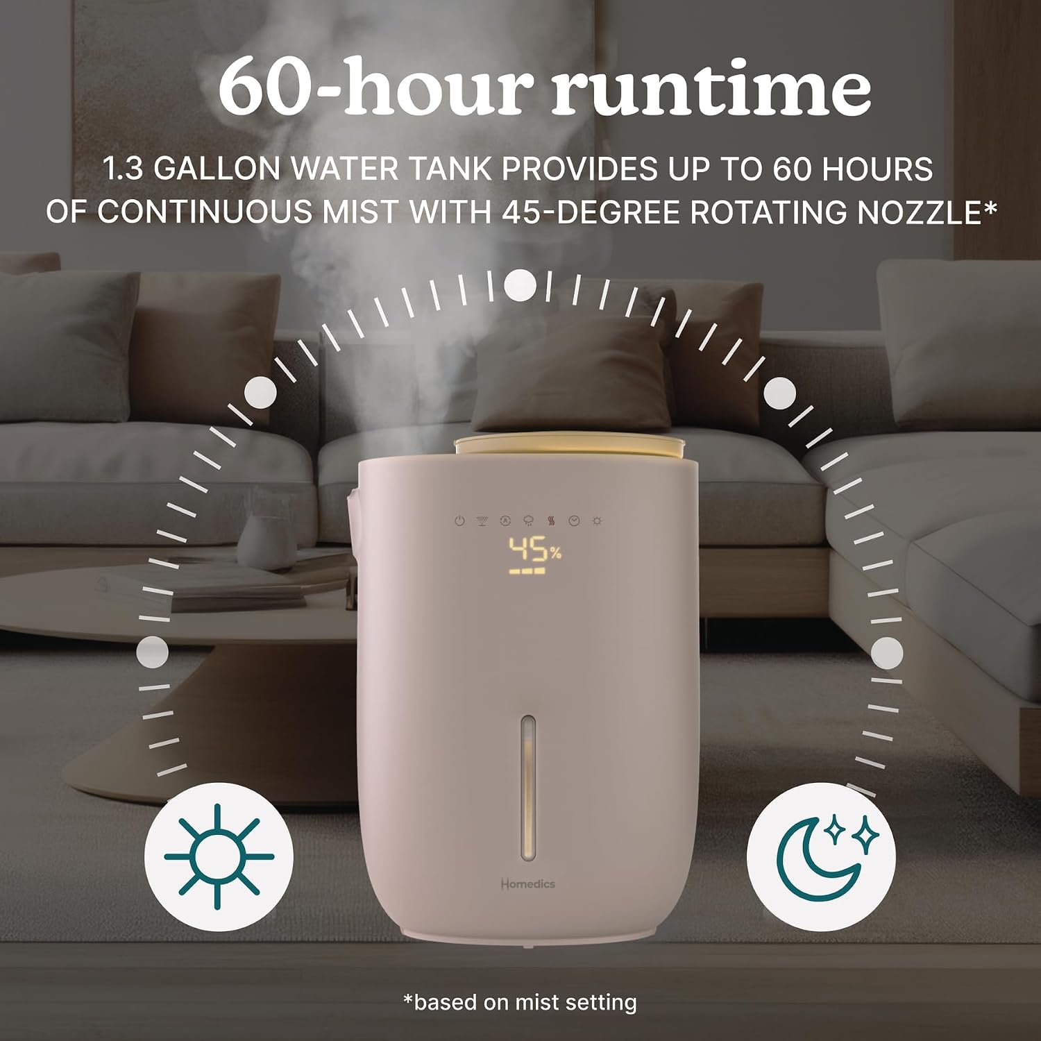 Homedics Natura Ultrasonic Warm & Cool Mist Humidifier, 1.3-Gal for Large Rooms, 60-Hr Runtime, Plant Holder, Programmable Humidity, Auto Shutoff, Nightlight Small Pot Compatible(Plant Not Included)