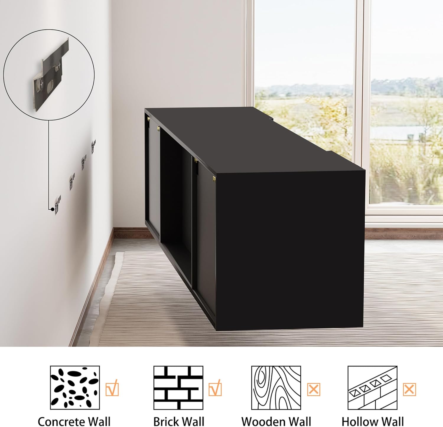 AMERLIFE Floating TV Stand with 36' Electric Fireplace, High Gloss Finish Wall Mounted Fireplace Entertainment Center with Storage for TVs Up to 78', Black