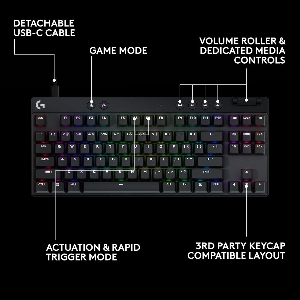 Logitech G PRO X TKL Rapid (Tenkeyless) Wired Gaming Keyboard: Magnetic Analog Switches with Rapid Trigger, Lightsync RGB, Detachable USB-C Cable, Volume Roller & Media Buttons - Black