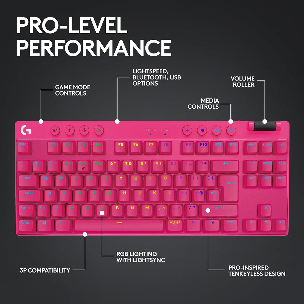 Logitech G PRO X TKL Lightspeed Wireless Gaming Keyboard, Ultra-Portable Tenkeyless Design, LIGHTSYNC RGB, PBT keycaps, Tactile Switches (GX Brown) - Magenta