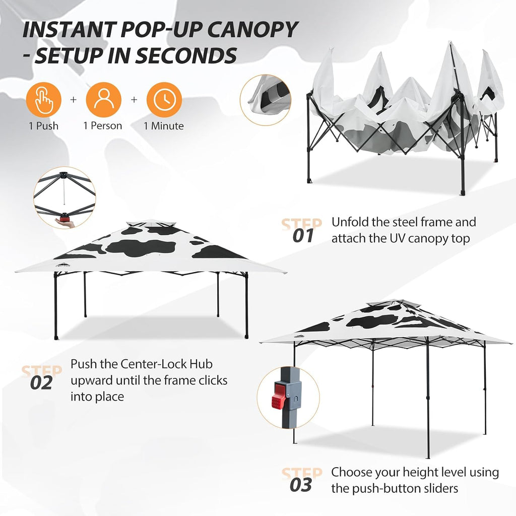 EAGLE PEAK 13x13 Straight Leg Pop Up Canopy Tent Instant Outdoor Canopy Easy Single Person Set up Folding Shelter w/Auto Extending Eaves 169 Square Feet of Shade (Cow Print)