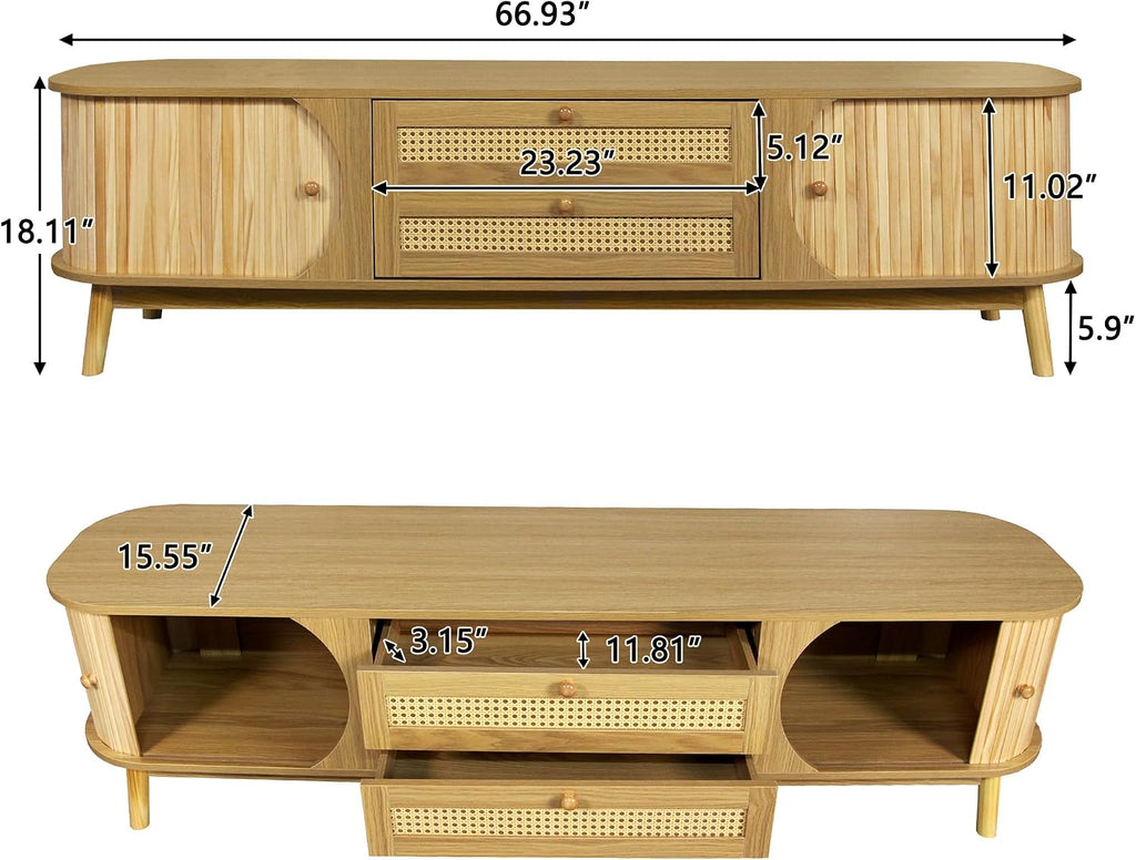 Merax Modern Fluted TV Stand for 75' TVs, Mid-Century Entertainment Center Tambour Door Media Console TV Cabinet with Rattan-Front Drawer for Living Room, Curved Profile Design