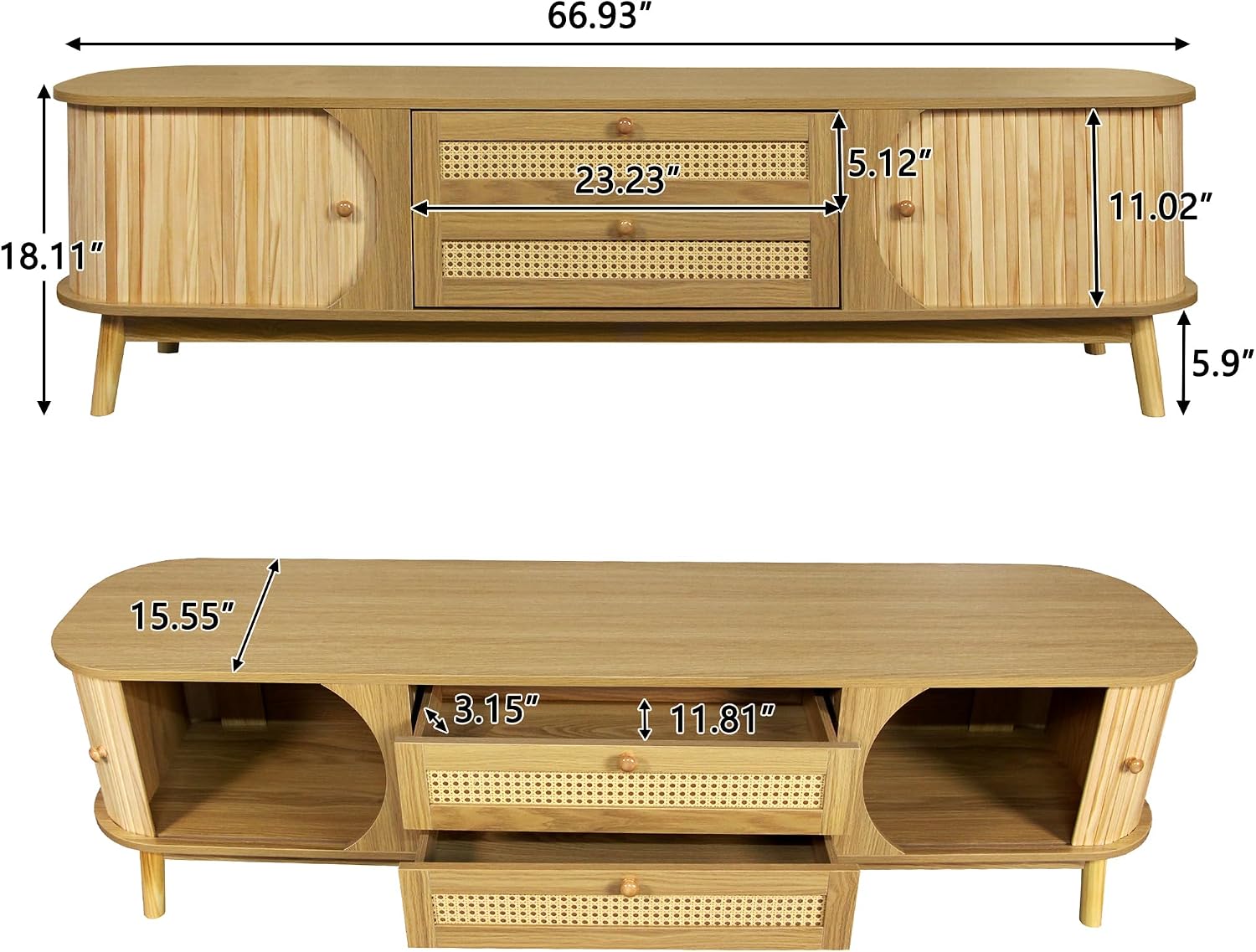 Merax Modern Fluted TV Stand for 75' TVs, Mid-Century Entertainment Center Tambour Door Media Console TV Cabinet with Rattan-Front Drawer for Living Room, Curved Profile Design