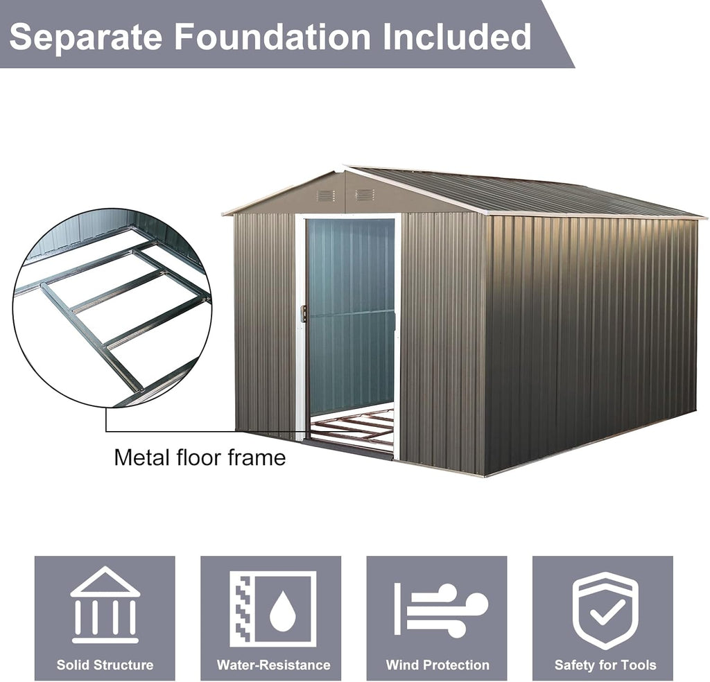 8x10 ft Outdoor Metal Storage Shed with Floor Frame, Lockable Galvanized Steel Tool Shed with Sliding Door and Air Vent, Waterproof Garden Storage House for Backyard, Patio