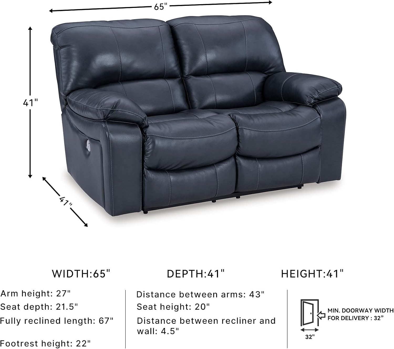 Signature Design by Ashley Leesworth Contemporary Power Reclining Loveseat with One-Touch Control and USB Charging Ports, Leather, 20' Seat Height, Blue