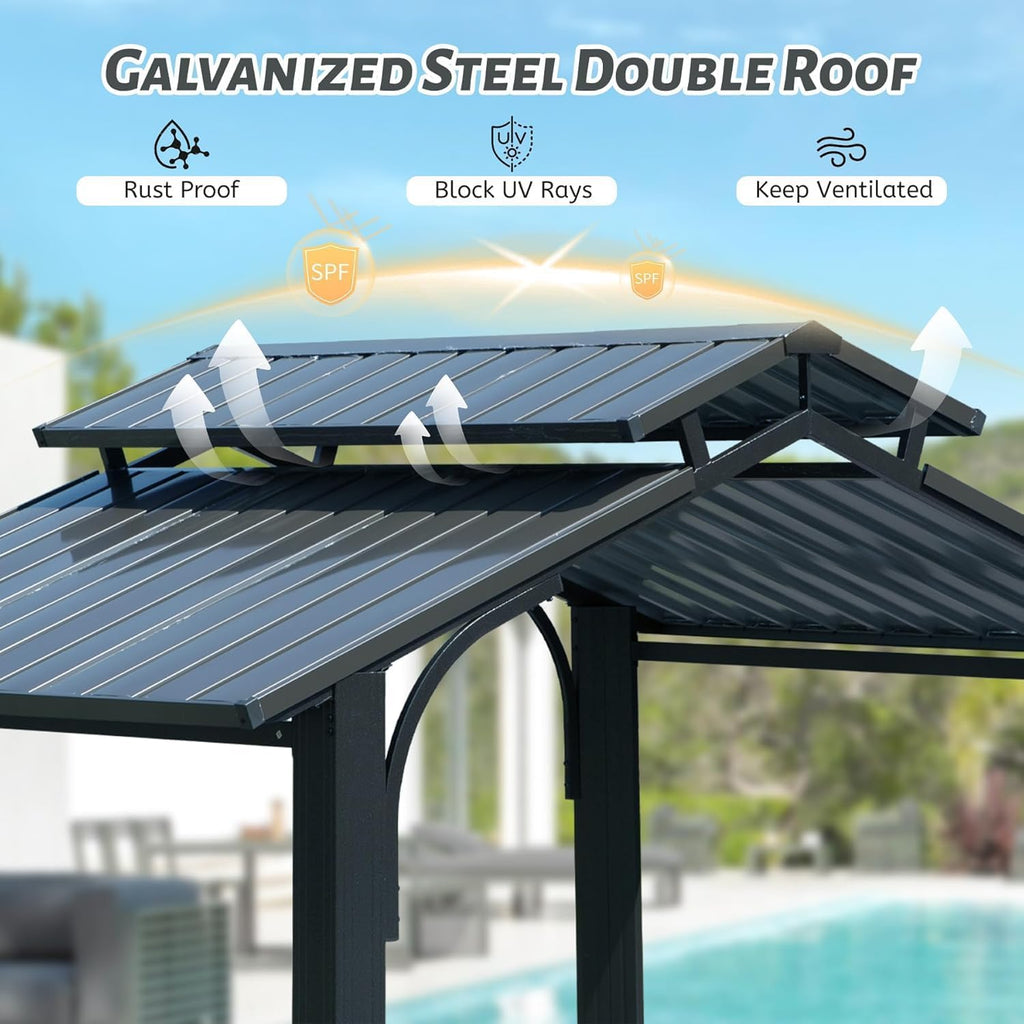 LifeSky 8x5FT Hardtop Grill Gazebo: Galvanized Steel Double Roof BBQ Shelter - Permanent Outdoor Canopy with Side Shelves & Ceiling Hook for Patio Backyard Garden