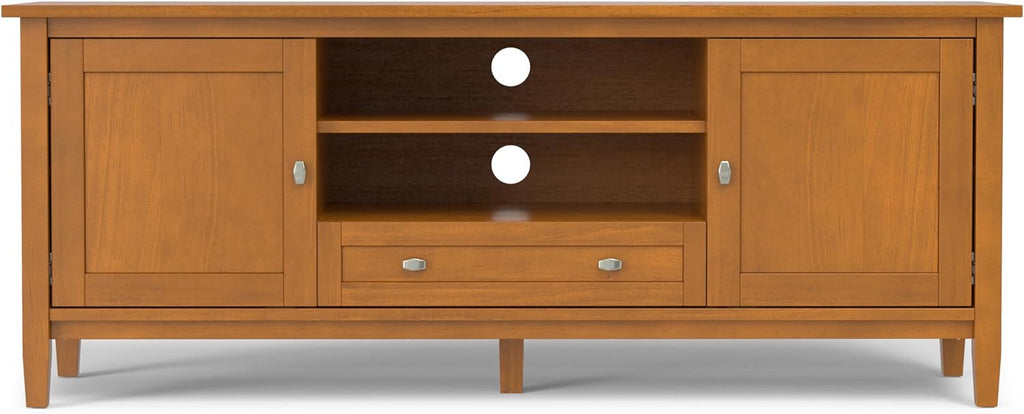 SIMPLIHOME Warm Shaker TV Stand - 60 inch Wide Solid Wood Media Console in Light Golden Brown, Transitional Entertainment Center for Living Room for TVs up to 65 Inches with Cable Management