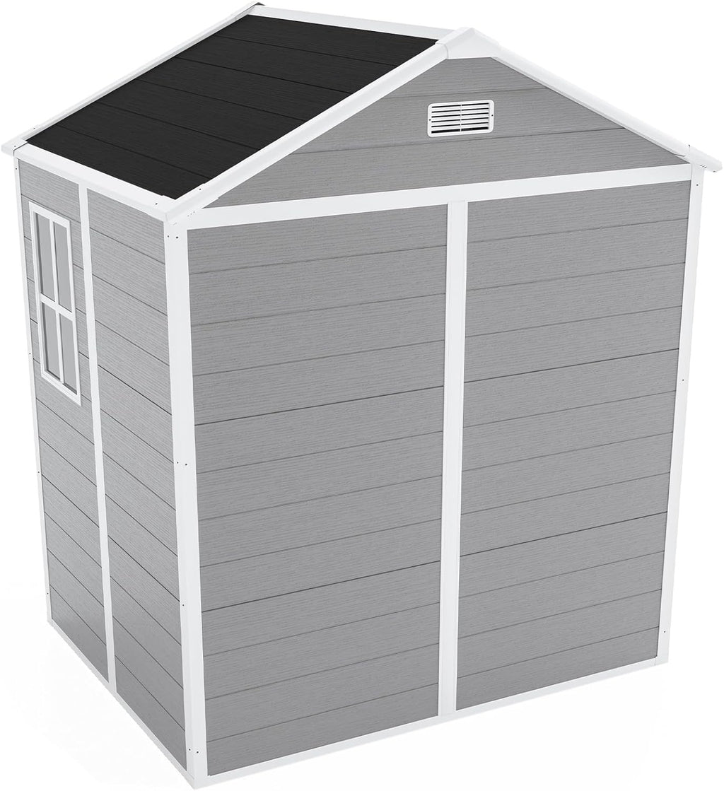 YOPTO 6x5 FT Resin Storage Shed,Garden House with Floor & Lockable Door,Waterproof Plastic Tool Sheds W/Slanting Roof Visual Window & Air Vents for Bicycles,Lawnmowers,Lawn,All Weather Use,Gray