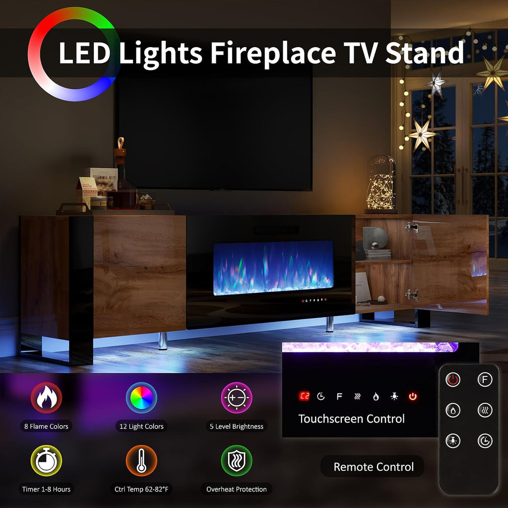VanAcc 70' Fireplace TV Stand with 36' Electric Fireplace, High Gloss Entertainment Center with LED Lights, Modern Entertainment Stand for TVs up to 80', Rustic Oak&Black