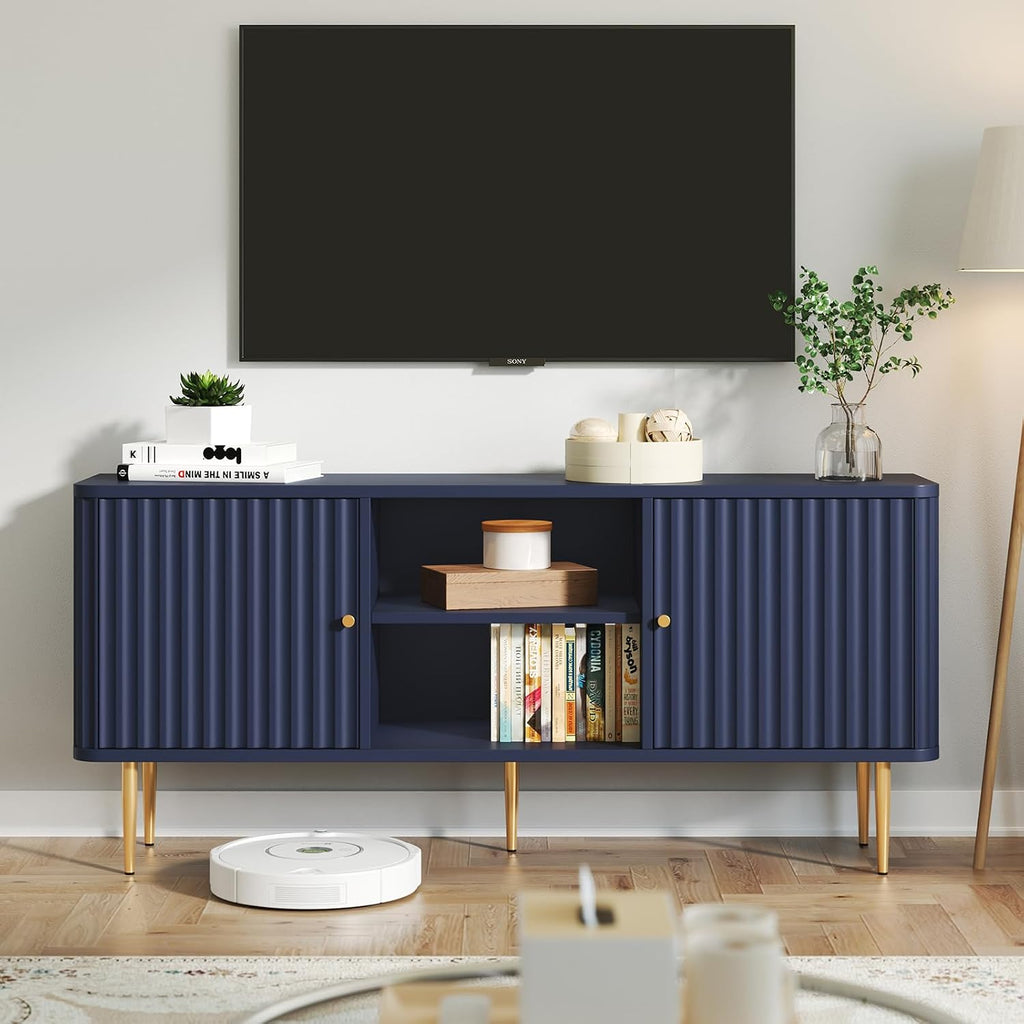ARTPOWER 55' Fluted TV Stand, Mid Century Modern Blue TV Stand for 55/60/65 inch TV, Entertainment Center with Storage, Television Stands, TV Console, Media Console for Living Room, Bedroom (Blue)