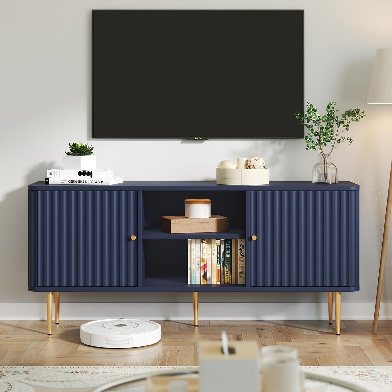 ARTPOWER 55' Fluted TV Stand, Mid Century Modern Blue TV Stand for 55/60/65 inch TV, Entertainment Center with Storage, Television Stands, TV Console, Media Console for Living Room, Bedroom (Blue)
