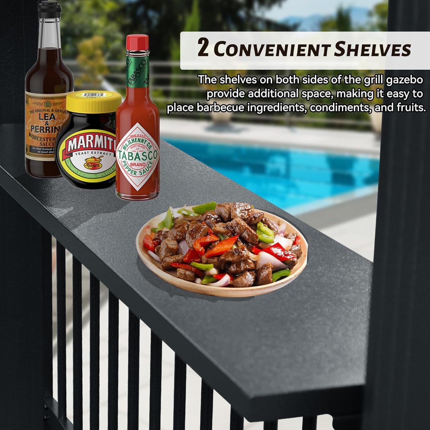 Aluminum Grill Gazebo with Double Roof & Shelves - Permanent Hardtop BBQ Shelter for Patio, Deck, Backyard, Outdoor Cooking,Flame (Gray, 6.5'x12' Sloping Roof)
