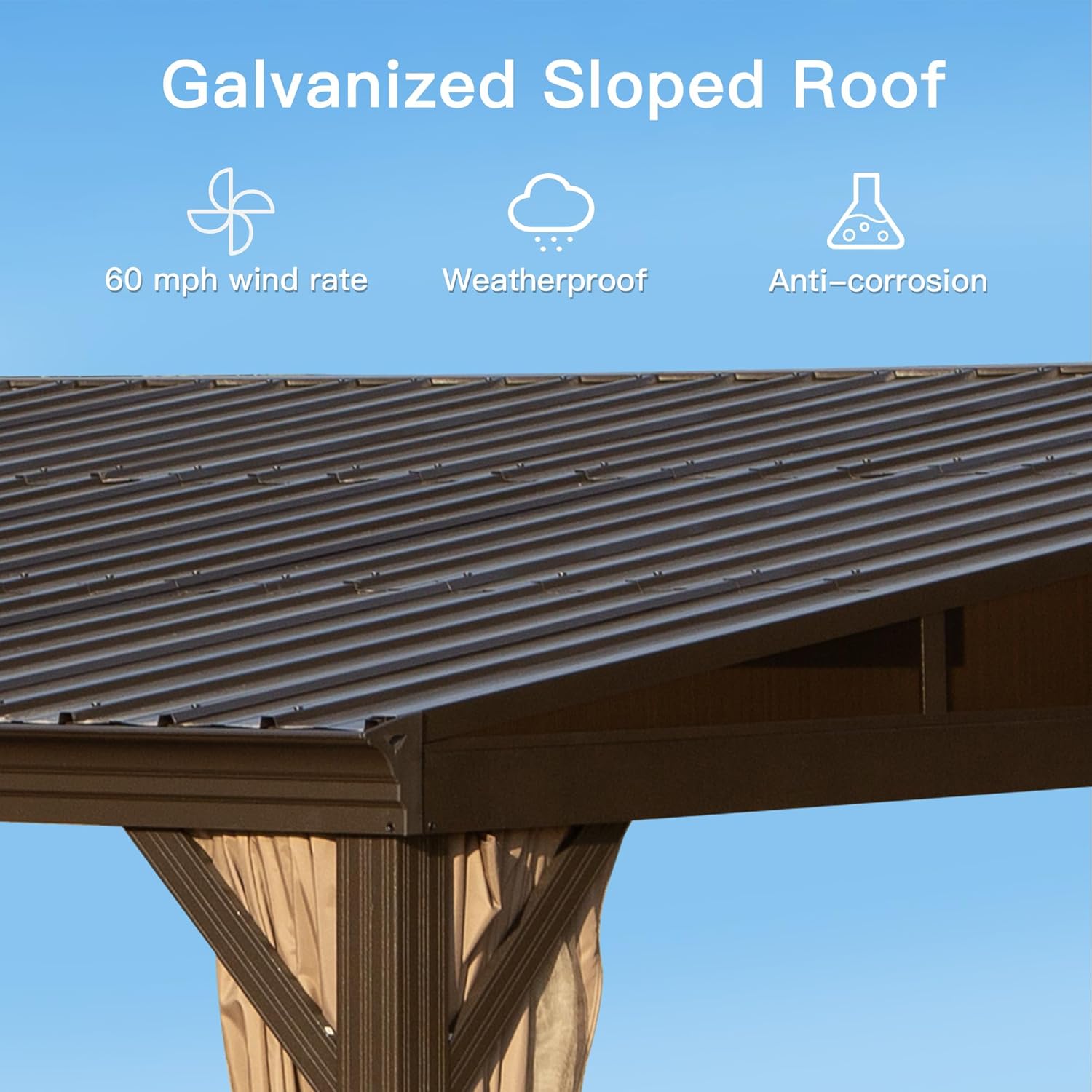 Domi 12x16FT Lean to Gazebo, Hardtop Wall Mounted Gazebo with Sloping Galvanized Steel Roof, Aluminum Frame, Drainage System, Curtains and Netting, for Patio, Deck, Garden, Backyard
