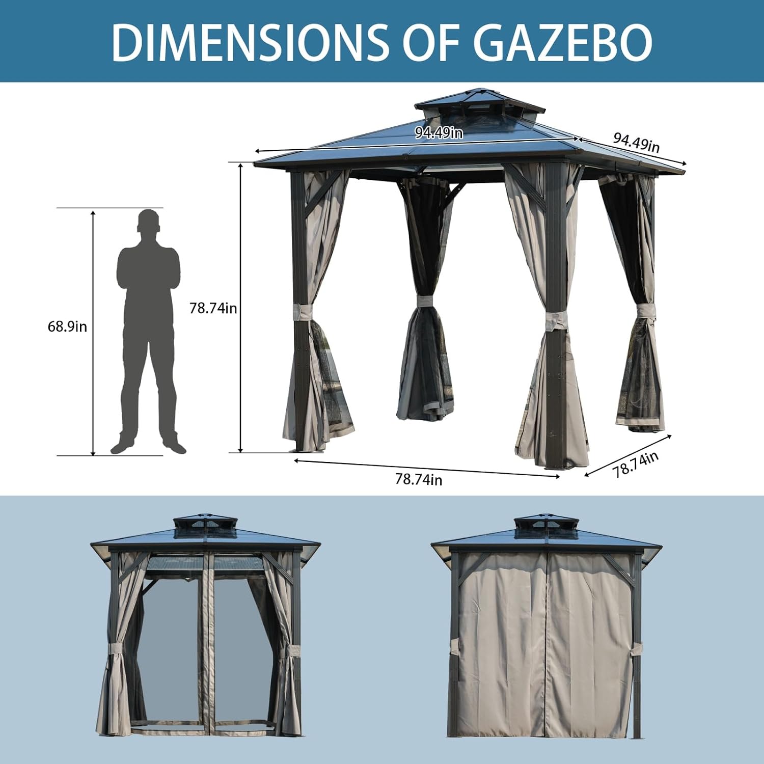 8x5 Hardtop Grill Gazebo, Vented Double Roof Polycarbonate BBQ Canopy for Outdoor Patio, Anti-UV Waterproof Shelter with Side Shelves & Hooks, Heavy Duty Steel Frame (8x8)