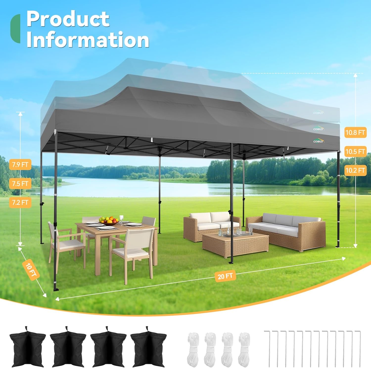 COBIZI 10x20 Heavy Duty Pop Up Canopy Tent with 6 Sidewalls Thicken Frame, Commercial Easy Up Outdoor Wedding Party Tents, All Season Waterproof Windproof with Stakes Sandbags Ropes Roller Bag, Gray