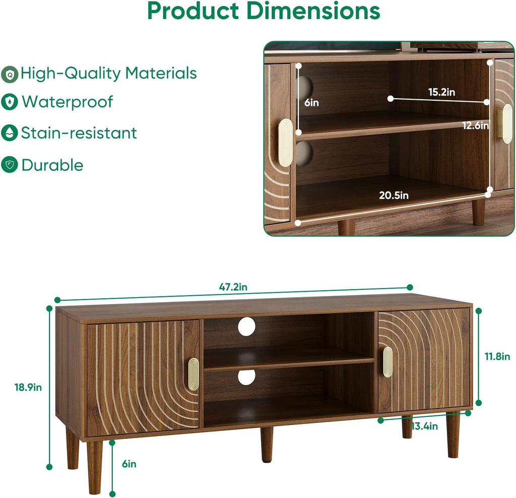 47' TV Stand for TVs up to 55 Inch, Entertainment Center with Storage and Adjustable Shelves, Modern Media Console for Living Room, Walnut
