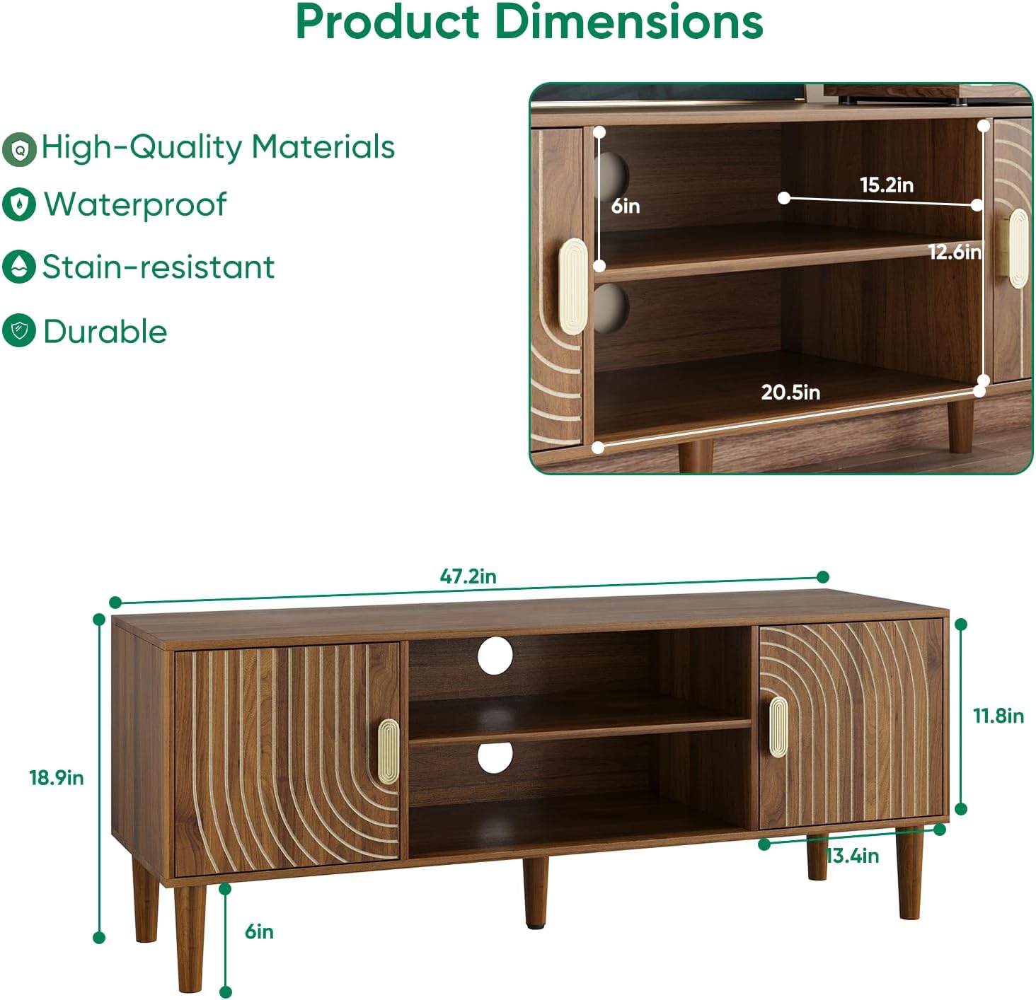 47' TV Stand for TVs up to 55 Inch, Entertainment Center with Storage and Adjustable Shelves, Modern Media Console for Living Room, Walnut