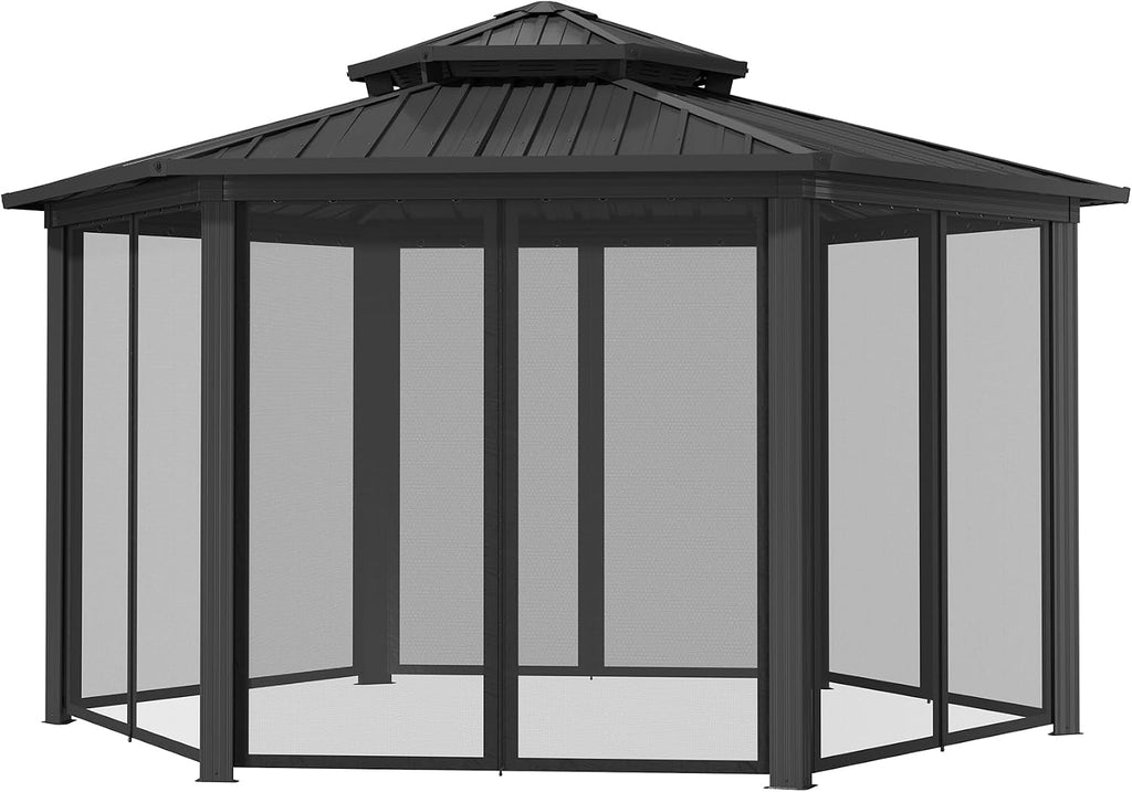 15x15FT Hexagon Hardtop Gazebo Heavy Duty Aluminum Frame Outdoor Gazebo Pergola Pavilion with Galvanized Steel Double Roof, Nettings & Ceiling Hook for Patio Backyard Deck Lawns