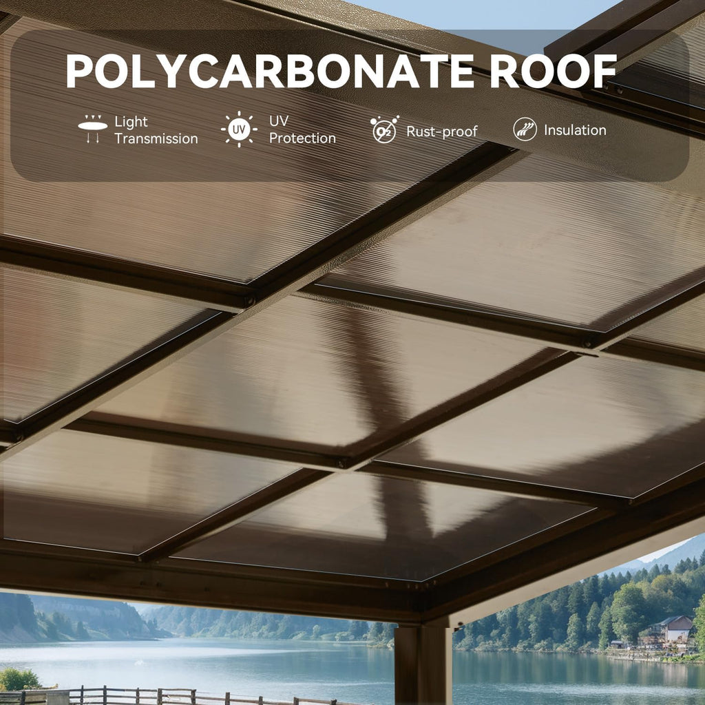 MELLCOM 12x20 Gazebo with Adjustable Polycarbonate Roofs, All Aluminum Frame Permanent Pergola for Patio, Outdoor Freestanding Shelter, Dark Brown