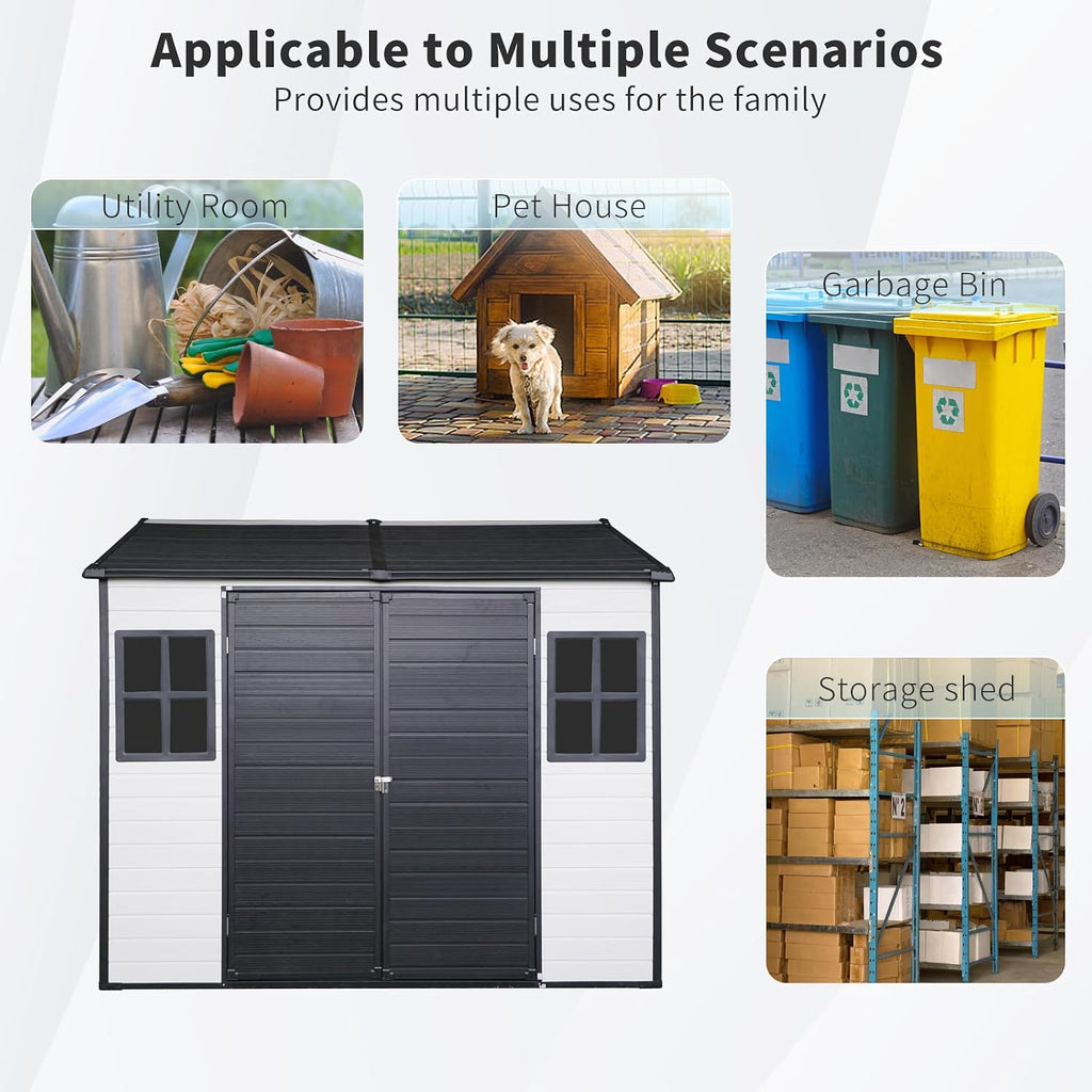 8x6 ft Outdoor Resin Storage Shed with Floor, Waterproof Plastic Garden Shed with Lockable Door and Two Windows, All-Weather Tool Sheds for Backyard, Patio, Lawn (Grey & White)