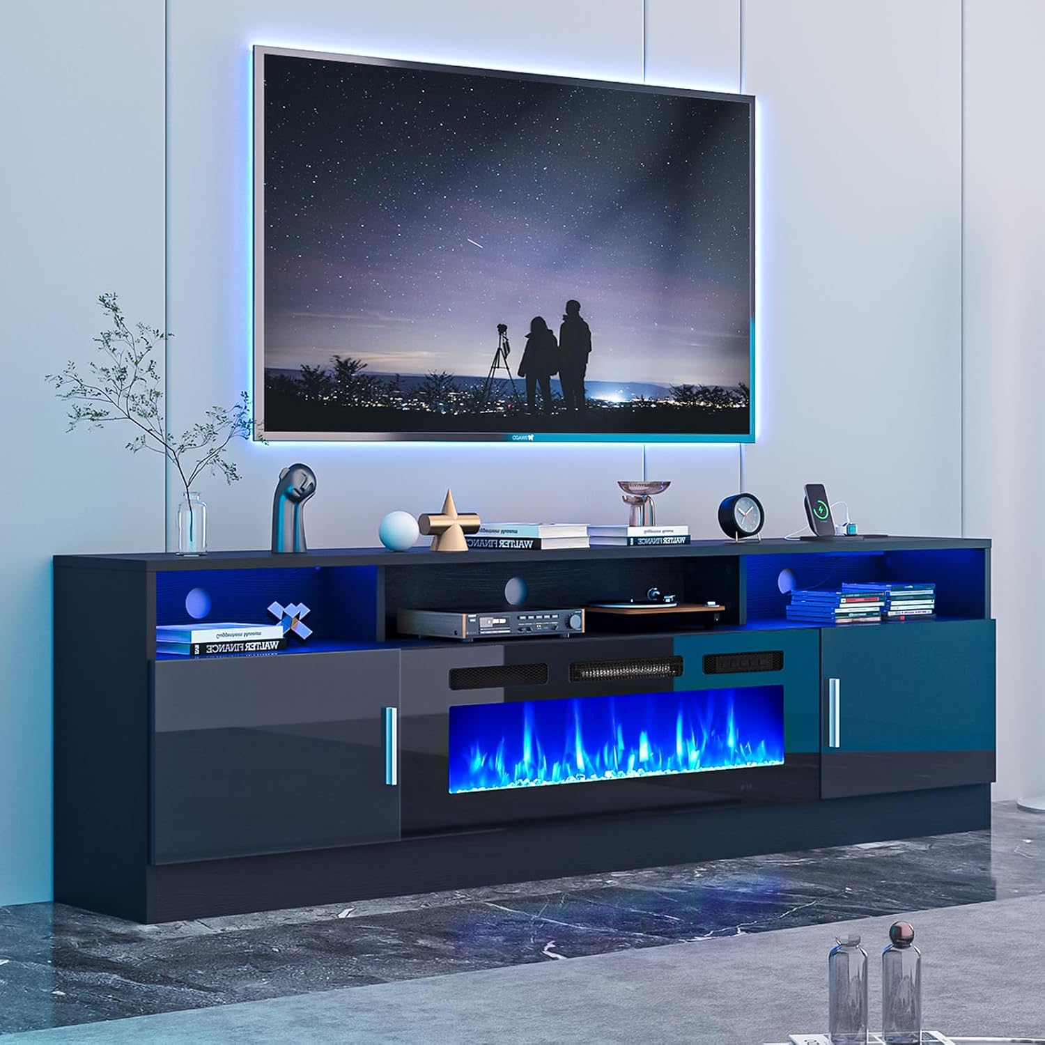 oneinmil 70' Fireplace TV Stand with Power Outlet for TVs Up to 80', Electric Fireplace Entertainment Center with LED Lights & Storage Cabinets, Media Console Table for Living Room, Black