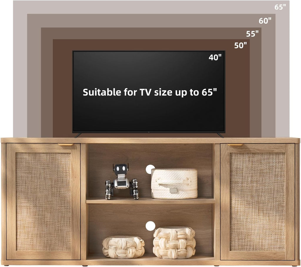 LEYAOYAO Rattan TV Stands for Living Room, Boho TV Cabinet with Storage and Open Shelf, Rustic Wood Entertainment Center, Media Console for 50-65 Inch TV, Natural Wood
