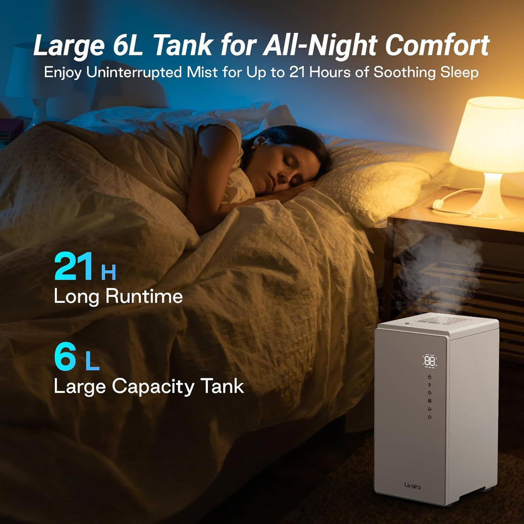 6L Stainless Steel Warm Mist Humidifier with Easy Clean and Warm Steam Function, Healthy Air Mist Humidifiers for Bedroom Living Room, with Sleep Mode and Auto-off Setting