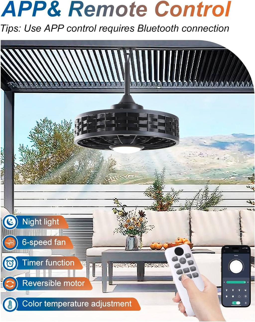 Outdoor Ceiling Fans with Light for Patios, 20' Weatherproof Gazebo Fan with Hanging Hook, Remote Control & APP, 6 Speeds, 3CCT, Caged Plug in Ceiling Fan for Patio