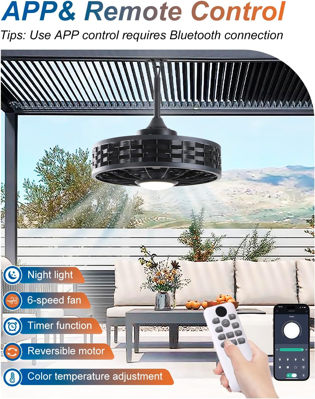 Outdoor Ceiling Fans with Light for Patios, 20' Weatherproof Gazebo Fan with Hanging Hook, Remote Control & APP, 6 Speeds, 3CCT, Caged Plug in Ceiling Fan for Patio