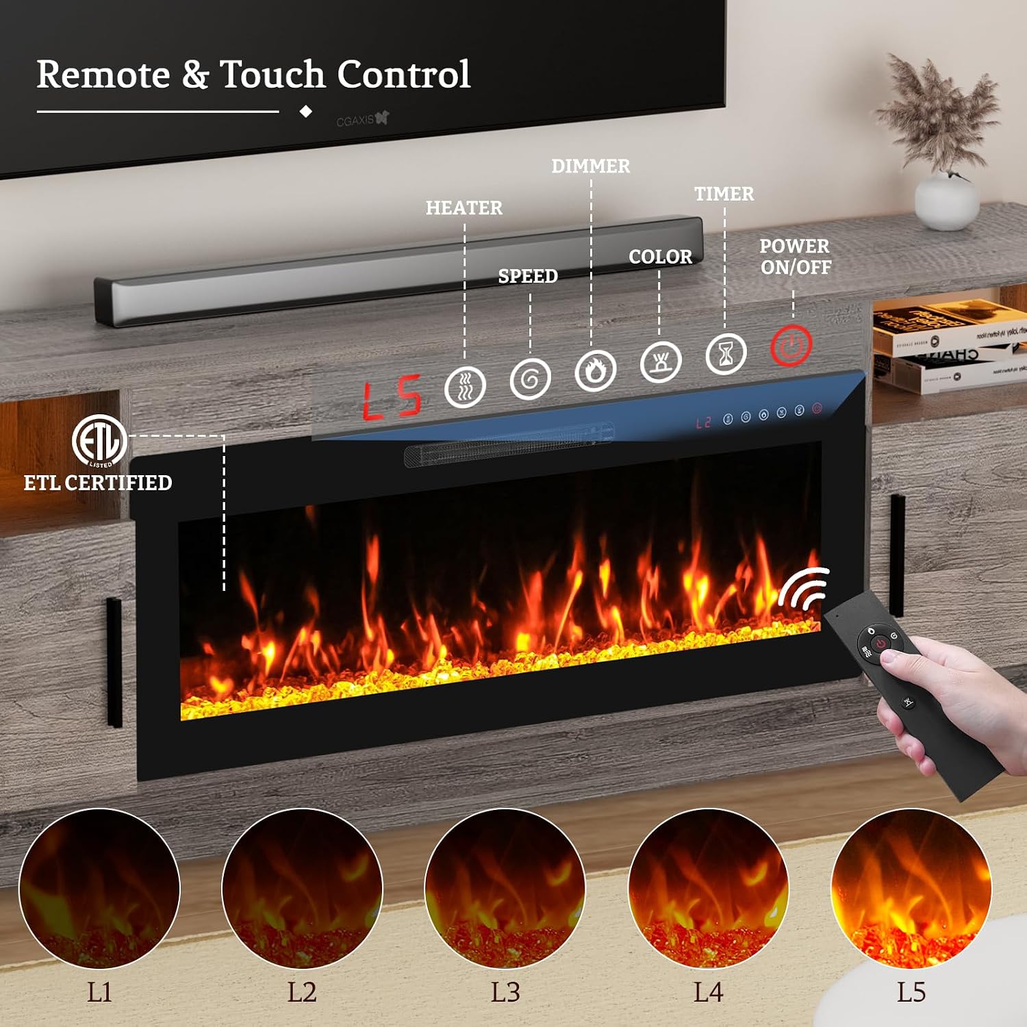 Kucreiheat Fireplace TV Stand for 65-80 inch TV, Large Entertainment Center with Fireplace & LED Lights,High Gloss Living Room Storage Cabinet, Grey, 70''(Crystal)