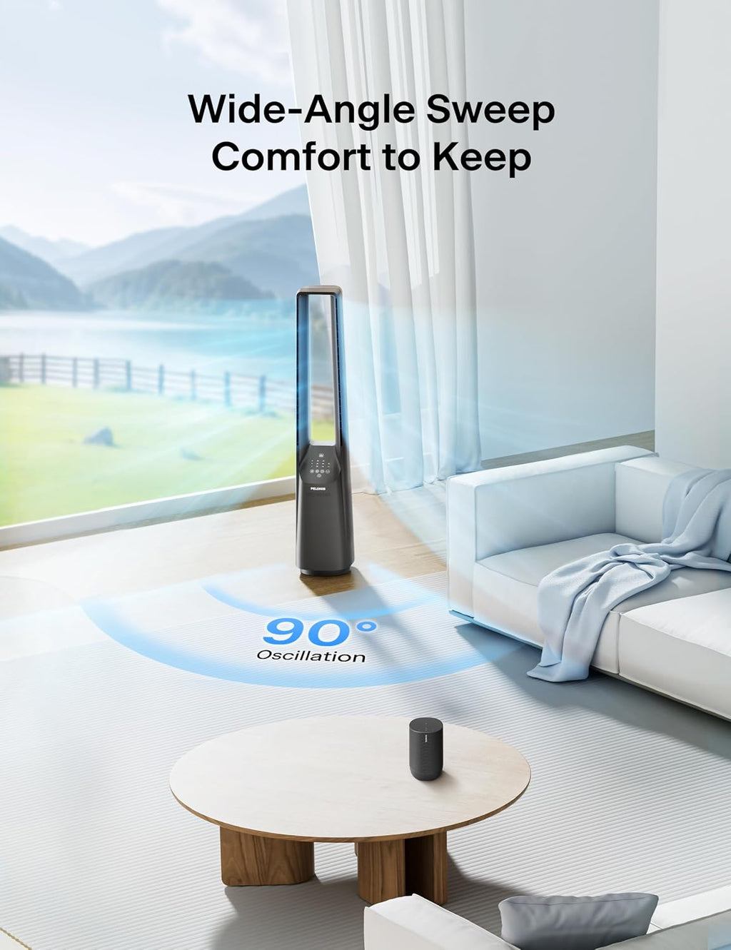 PELONIS 40' Smart Bladeless Fan for Bedrrom - Tower Fan, Alexa/Google/WiFi, DC Motor, 6 Speeds, 4 Modes, Remote, 7H Timer, 90° Oscillation, Safe for Home and Office