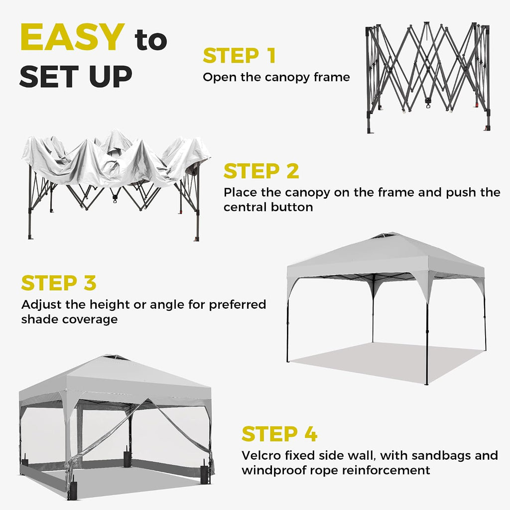 GDY 8x8 FT Pop Up Canopy Tent with One Push Setup,Setup Gazebo with 4 PVC Transparent Sidewalls,Easy Carry for Events, Parties, Camping, White