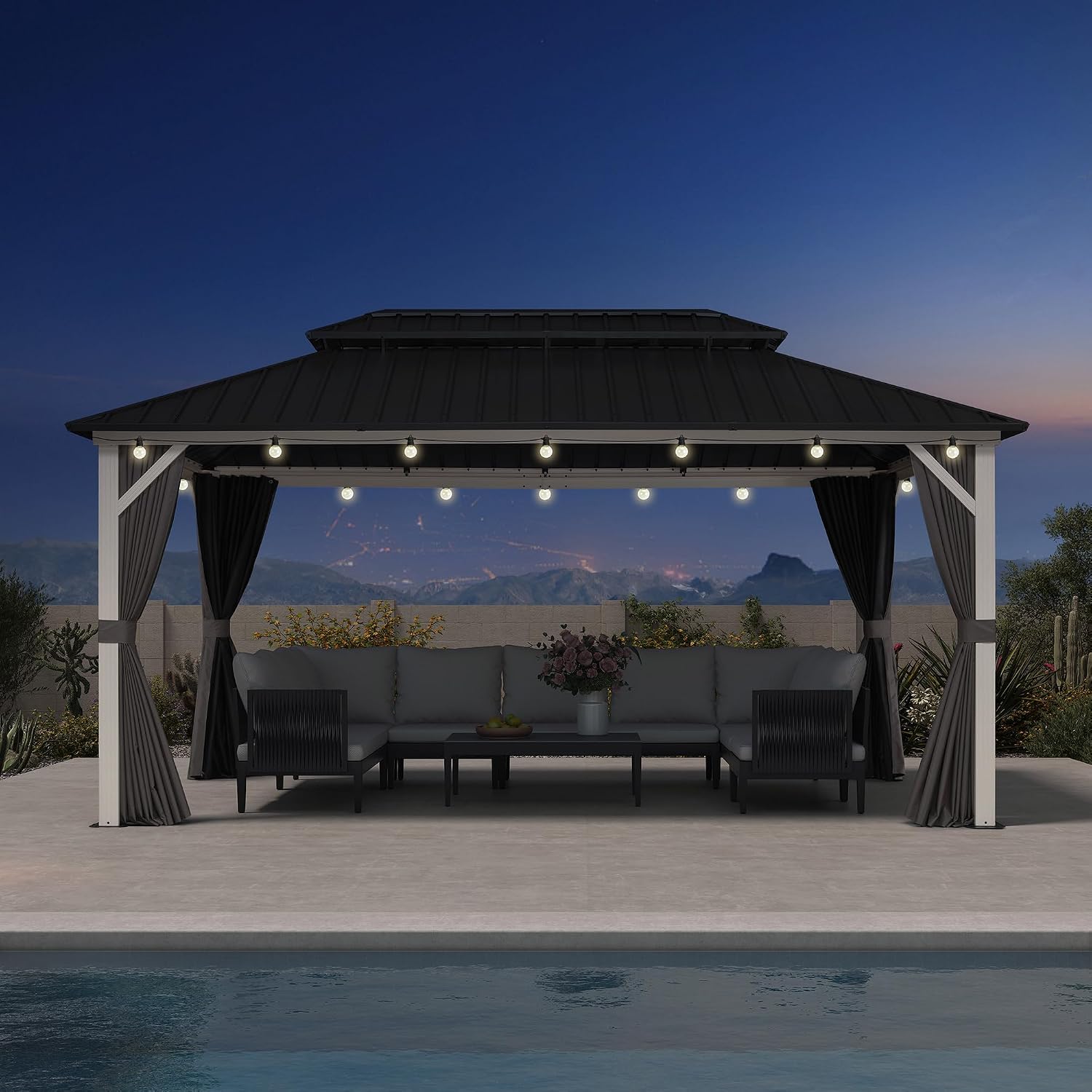 PURPLE LEAF 10' X 16' Outdoor Gazebo Galvanized Steel Double Roof White Aluminum Frame Hardtop Heavy Duty Gazebo with Curtain and Netting for Patio Garden and Backyard, Grey